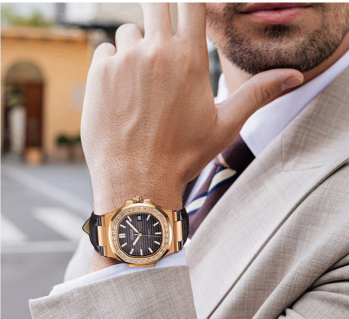 Schwarze Herren-Quarzuhr mit Lederarmband, elegante Herrenuhr mit Kristallzifferblatt 8