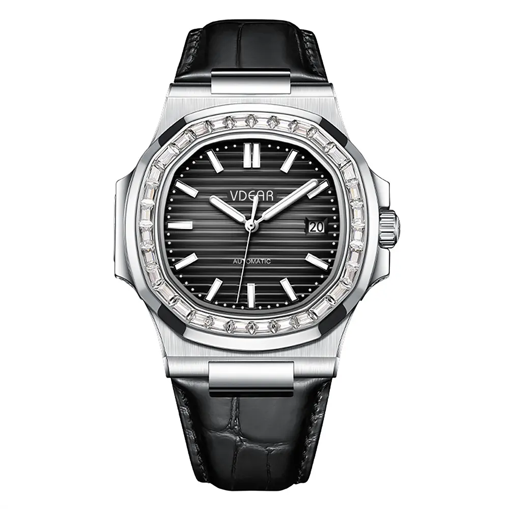 Automatic Hand Watch - VDEAR Men's Diamond Leather Calendar 50m Waterproof 3