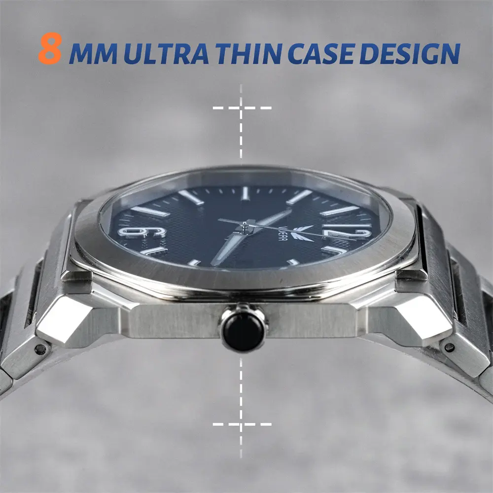 Ultratunn herrklocka med rutigt mönster, kvarts - vattentät och självlysande 4