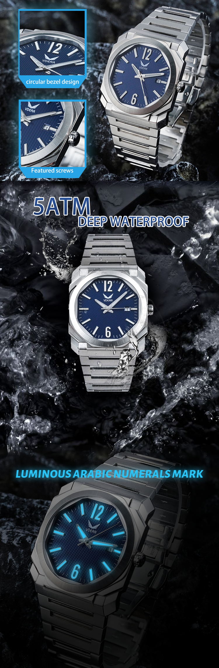 Vdear Square Mens Watches Ultra Thin Checkered Pattern Dial Luminous Date Business Wristwatches Quartz Waterproof 12