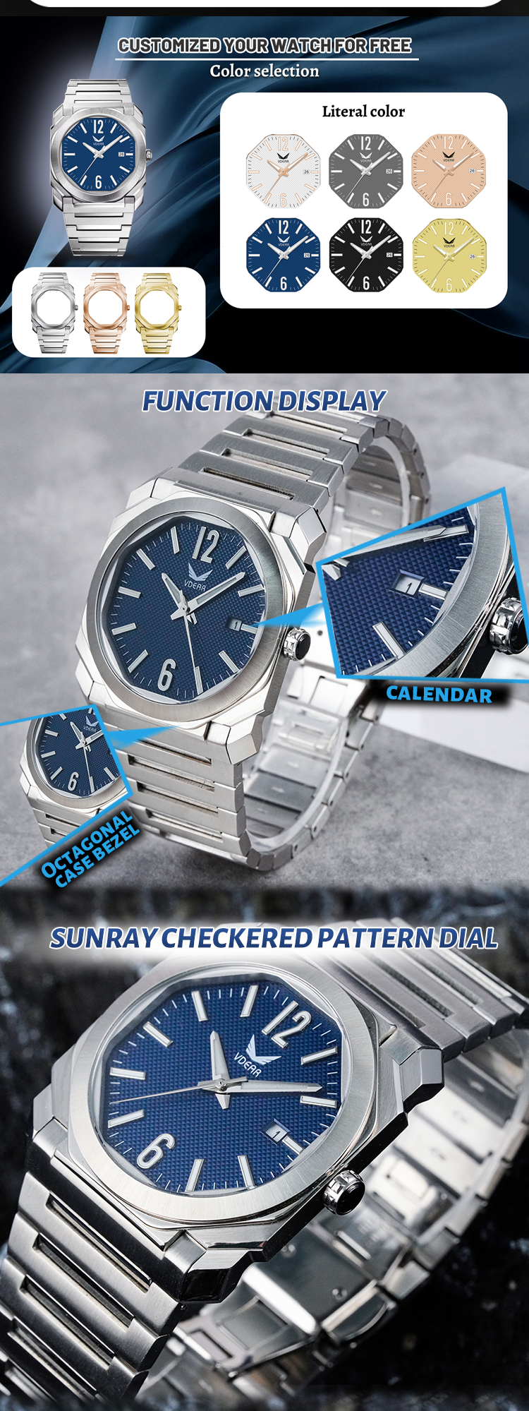 Vdear Square Mens Watches Ultra Thin Checkered Pattern Dial Luminous Date Business Wristwatches Quartz Waterproof 11