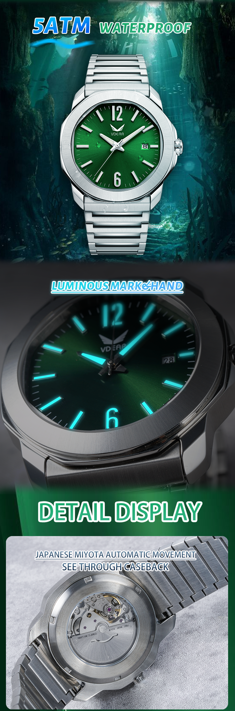 Vdear Sunray Dial Luminous Watch Quality Customized Factory Calendar 11