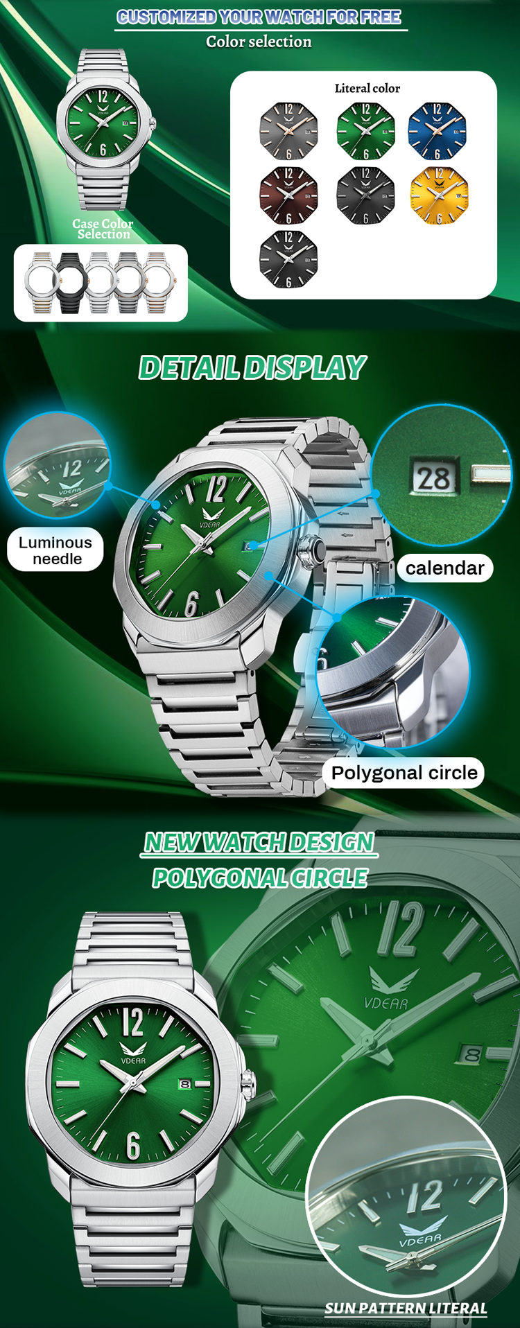 Vdear Sunray Dial Luminous Watch Quality Customized Factory Calendar 10