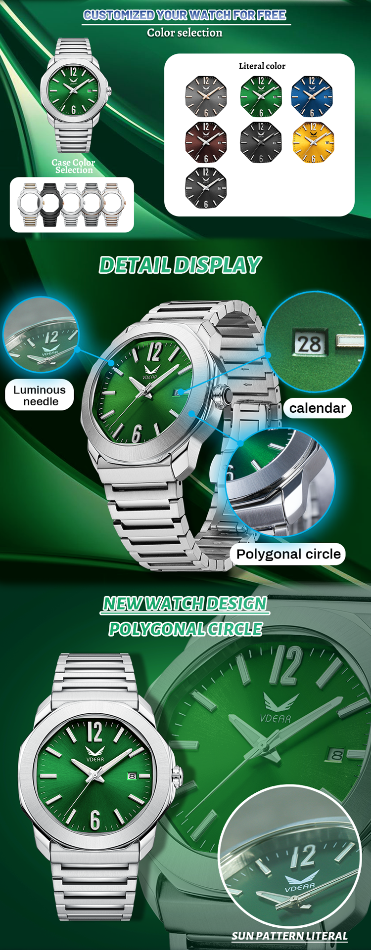 Orologio Vdear personalizzato con cassa rotonda ottagonale, nuovo calendario, moda, alta qualità, commercio, semplice orologio 10