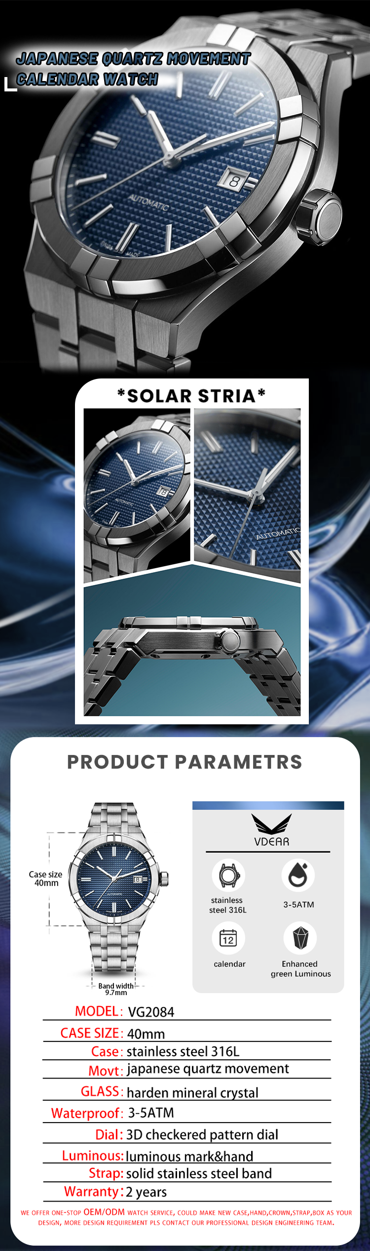 Vdear Japan Movt Watch Waterproof Calendar 316 Steel With Orange Checkered Pattern Dial Watch 9