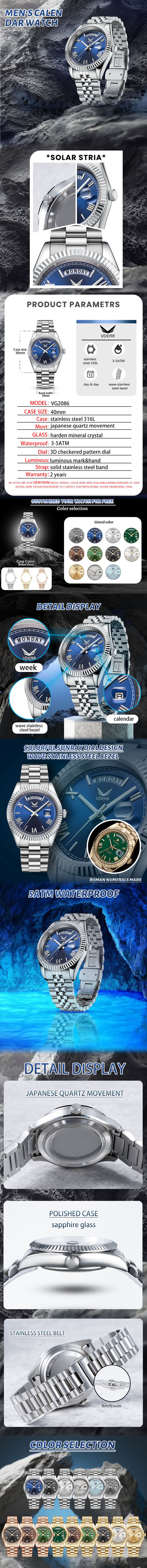 Vdear Meteorite Face Dial Weekly Calendar wristwatch Men'S Luminous Hands Arabic Number Watch 9