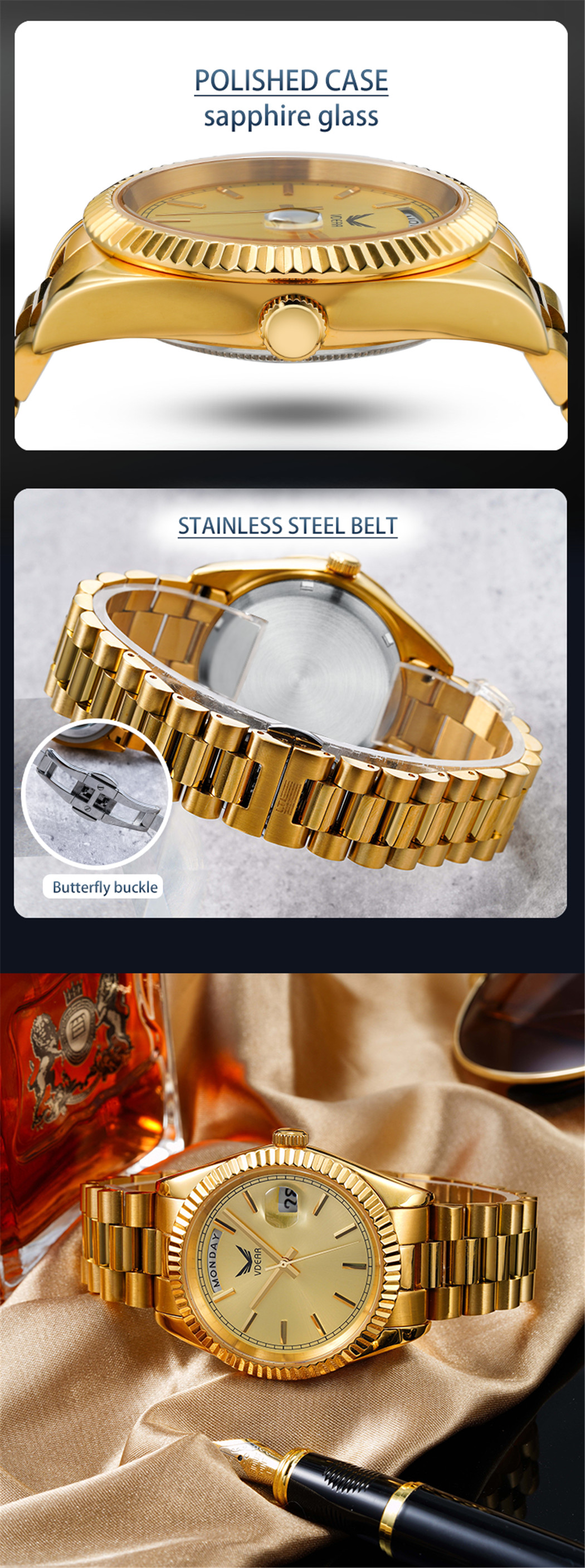 Vdear Japanese Quartz Movement Watch Best Quality 316 Silver Steel Band Dark Blue Dial Quartz Watch 12