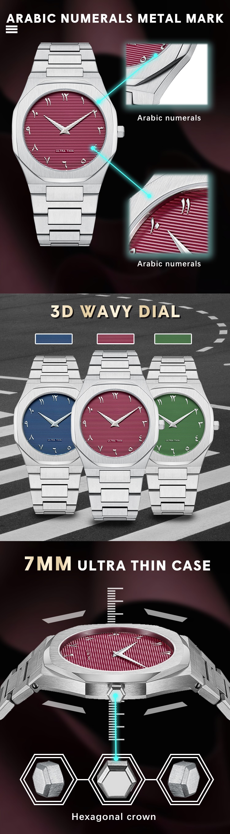 Vdear Ulitra Thin 7mm Arabic Numeral Watch For Men Custom Logo Octagon Stainless Steel Textured Dial Quartz Luxury Watch 10