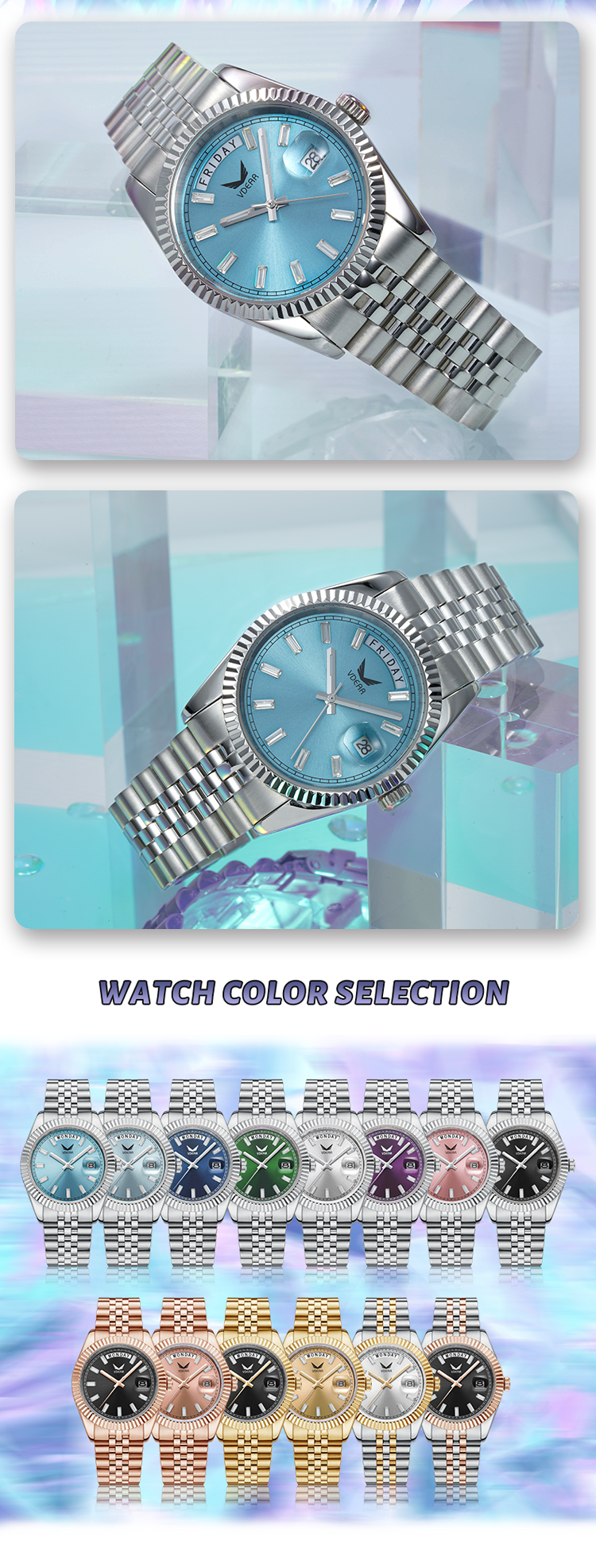 Vdear Weekly Day Wrist Watch For Men Customized Luxury Brand Crystal Automatic Mechanical Movement Wristwatch 12