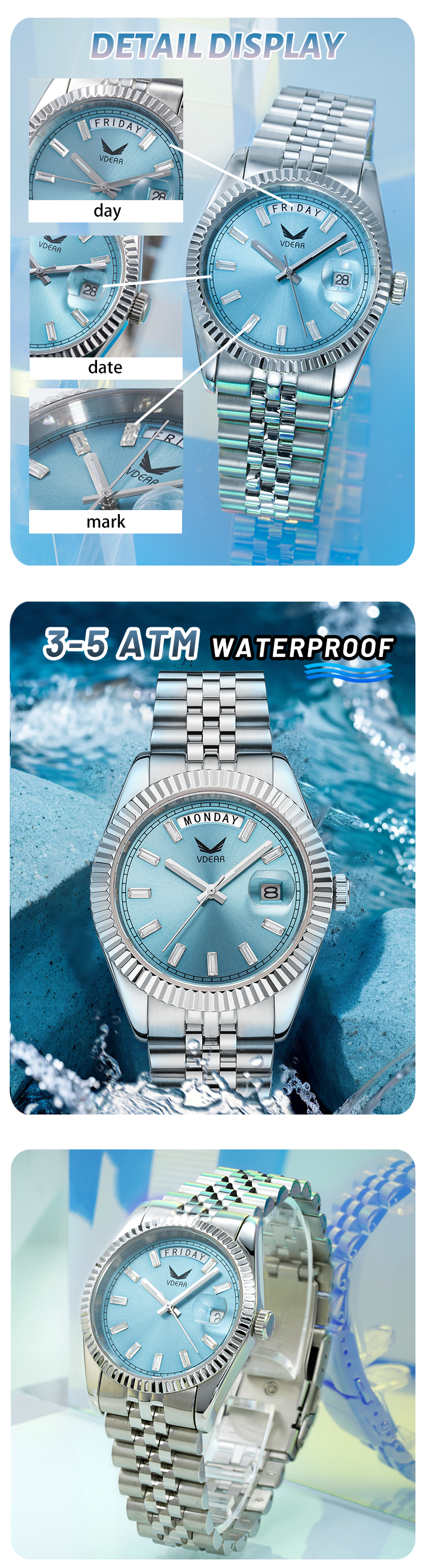 Vdear Weekly Day Wrist Watch For Men Customized Luxury Brand Crystal Automatic Mechanical Movement Wristwatch 10