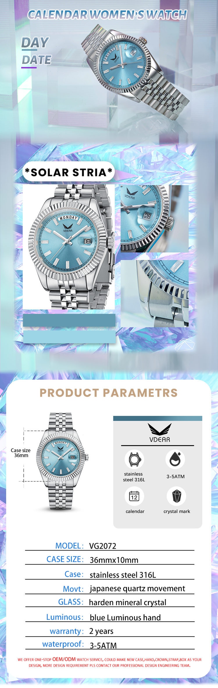 Vdear Weekly Day Wrist Watch For Men Customized Luxury Brand Crystal Automatic Mechanical Movement Wristwatch 9