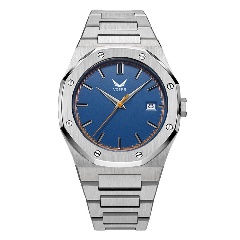 VDEAR Blue Dial With Calendar Luxury Watch Silver Steel Band High-Quality Men'S Watch 1