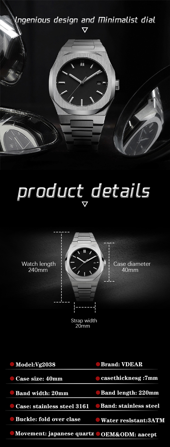 VDEAR - Blank Dial Stainless Steel Case Price Excel mens wrist Top Brand Designer Watch Japan Quartz Atm others 10