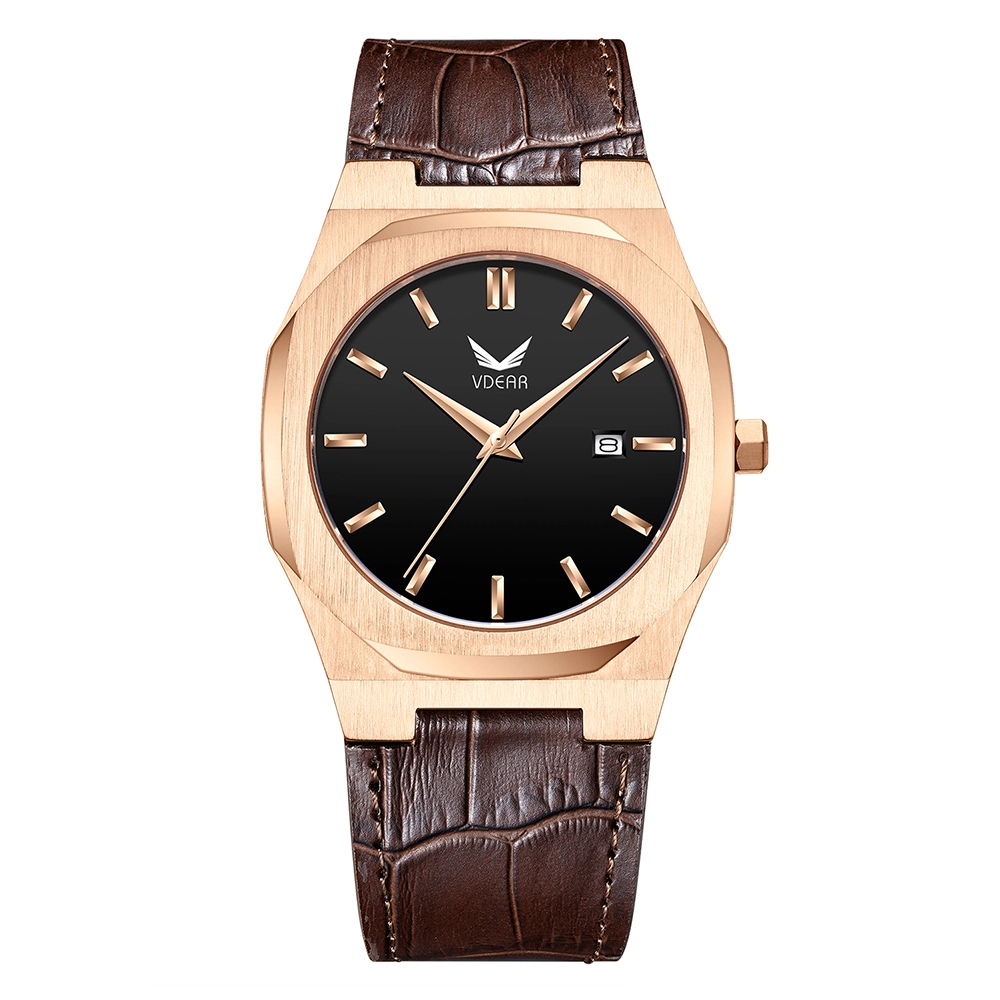 Vdear Schlichte, stilvolle Luxus-Quarzuhr mit braunem Armband und schwarzem, klassisch-minimalistischem Zifferblatt. Wasserdicht und mit individuellem Logo. 1