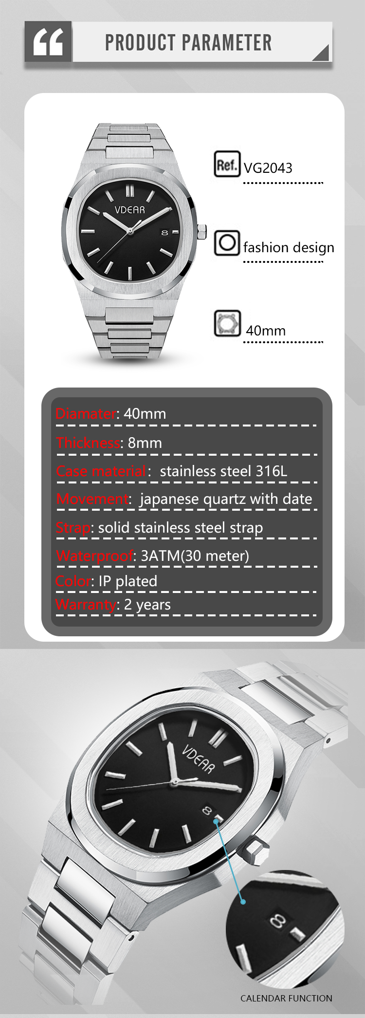 VDEAR Fashion Quartz Men's Watch with Customizable Black Dial 8