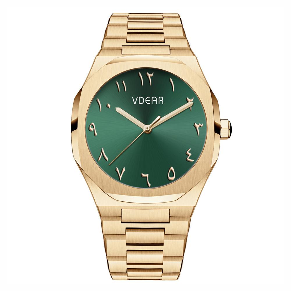 VDEAR Customized Arabic Literal Quartz Watches Gold Case Luxury Black Classic Dial Watch 14