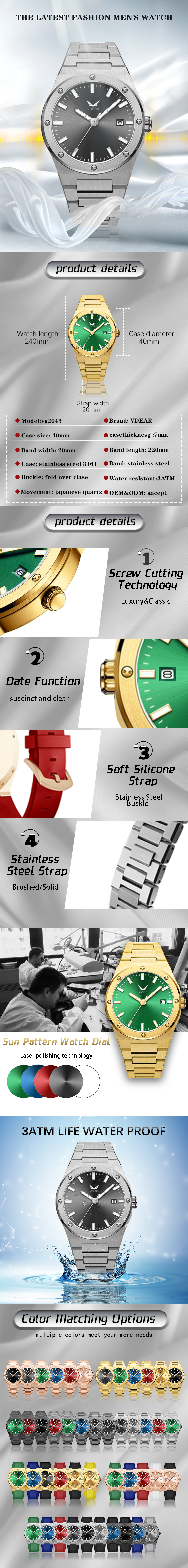 Vdear Luminous Hands Round Dial  Watch Gold 316 Steel Band  Waterproof Fashion Luxury Custom Logo Watch 6