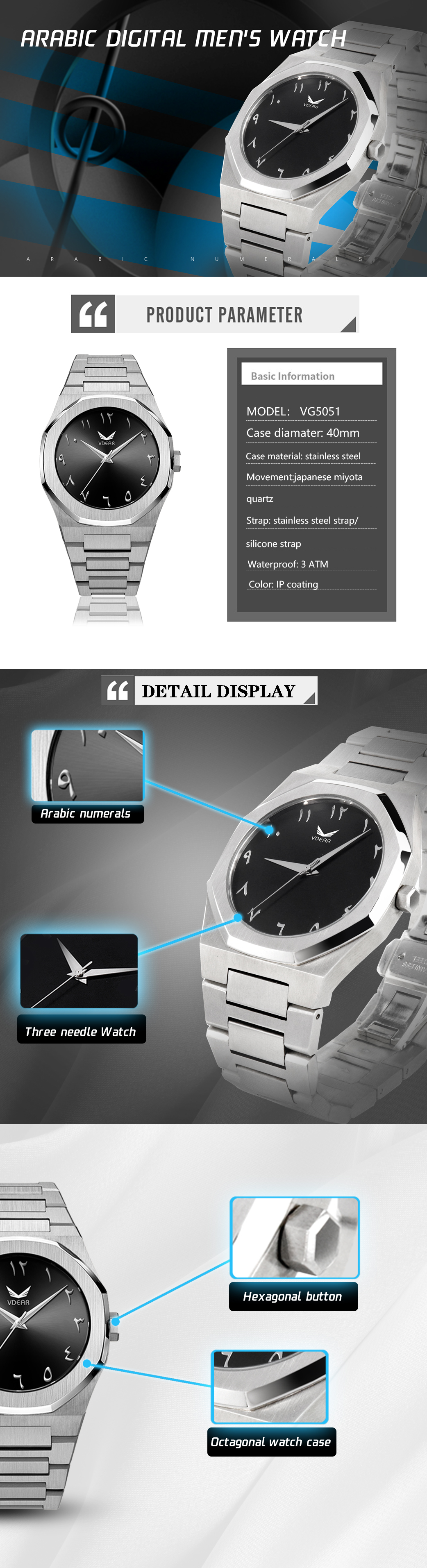 VDEAR Arabic Numerals Sunray Dial Quratz Wristwatch Vintage Steel Band Luxury Custom Logo Watch 8