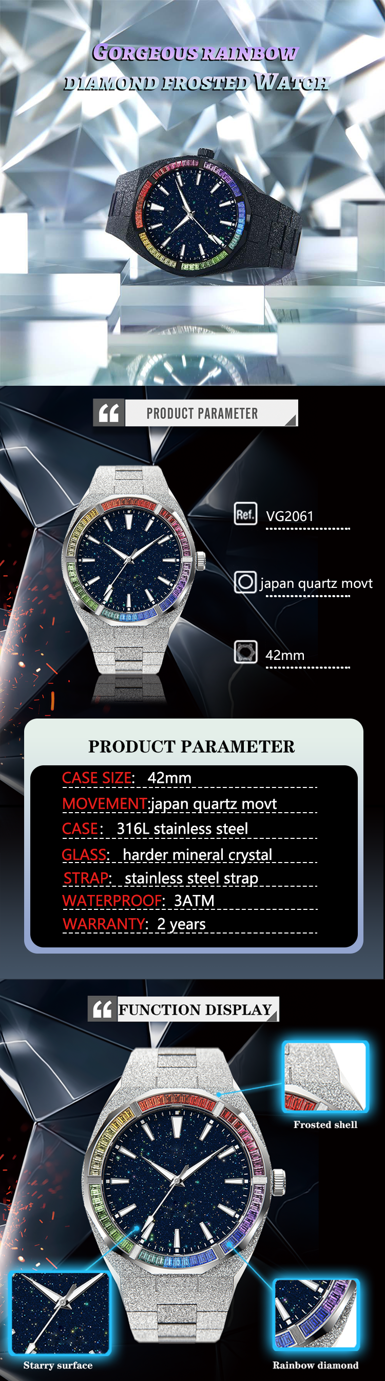 Vdear Star Dust Dial Frosted Watch Oem Odm High Quality Rainbow Diamond Private Label Luxury Quartz Watches For Men 10