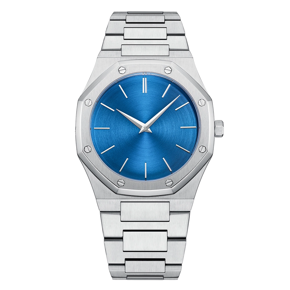 VDEAR Mens Octagon Luxury Quartz Watch High Quality Silver Case, Blue Dial, Silver Steel Band Waterproof Watch 1