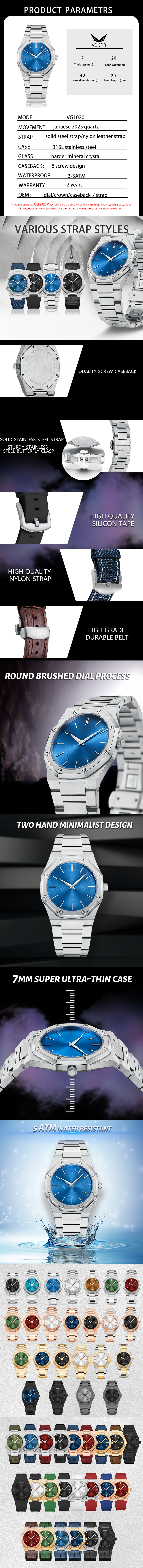 VDEAR Mens Octagon Luxury Quartz Watch High Quality Silver Case, Blue Dial, Silver Steel Band Waterproof Watch 8