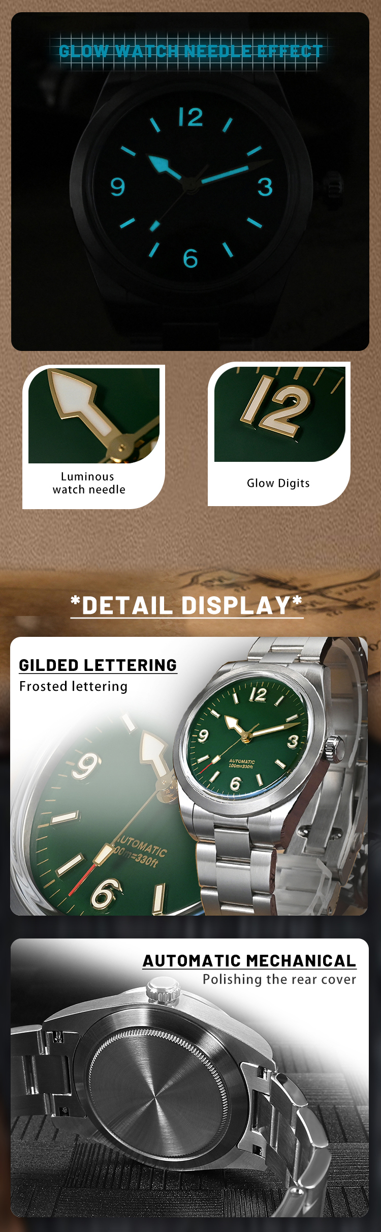 Vdear Custom Luxury Mens Quartz Watch Quality Retro Green Dial Glow Needle Stainless Steel Band Fashion Luminous Watch 12