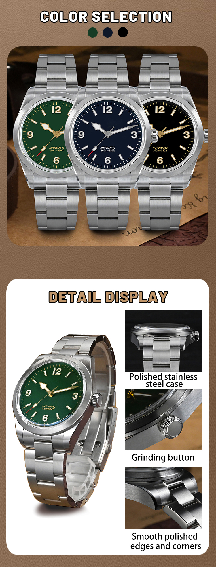 Vdear Custom Luxury Mens Quartz Watch Quality Retro Green Dial Glow Needle Stainless Steel Band Fashion Luminous Watch 11