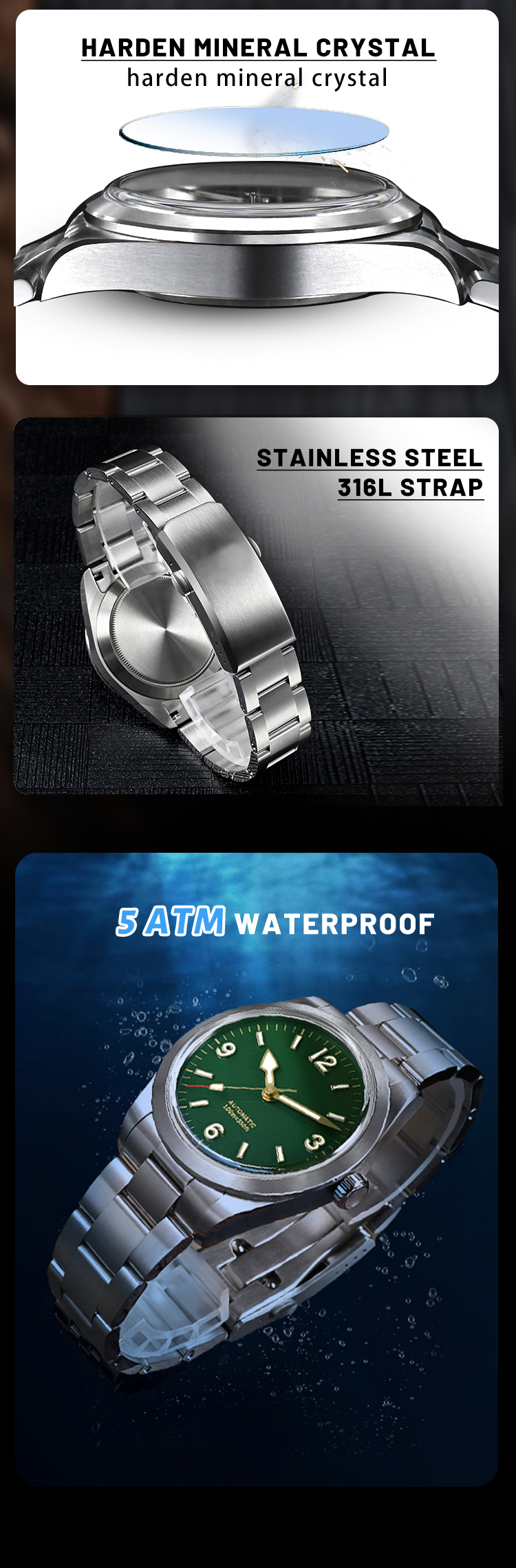 Vdear Custom Luxury Mens Quartz Watch Quality Retro Green Dial Glow Needle Stainless Steel Band Fashion Luminous Watch 13