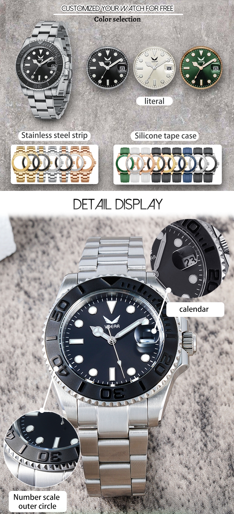 Vdear 50 Meters Waterproof Quartz Wristwatch High Quality  Calendar Luminous Silicone Strap Watch 10