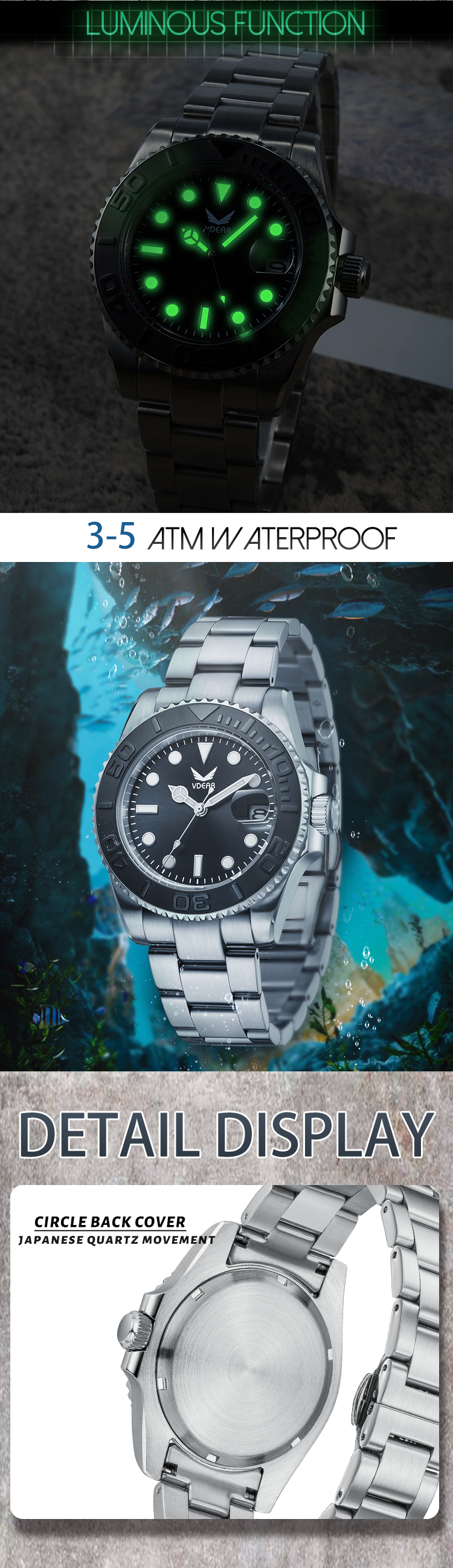 Vdear 50 Meters Waterproof Quartz Wristwatch High Quality  Calendar Luminous Silicone Strap Watch 11