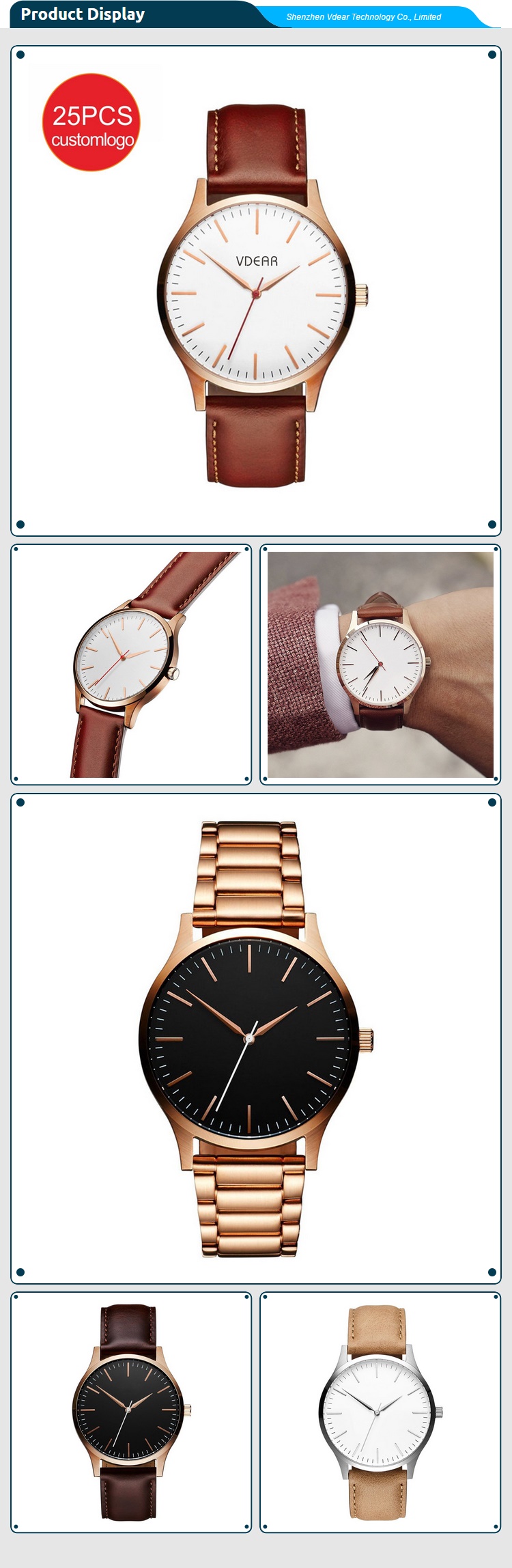 VDEAR Customized LOGO Watch Classic simple dial waterproof Watch Vintage Simple leisure Quartz Watch 14