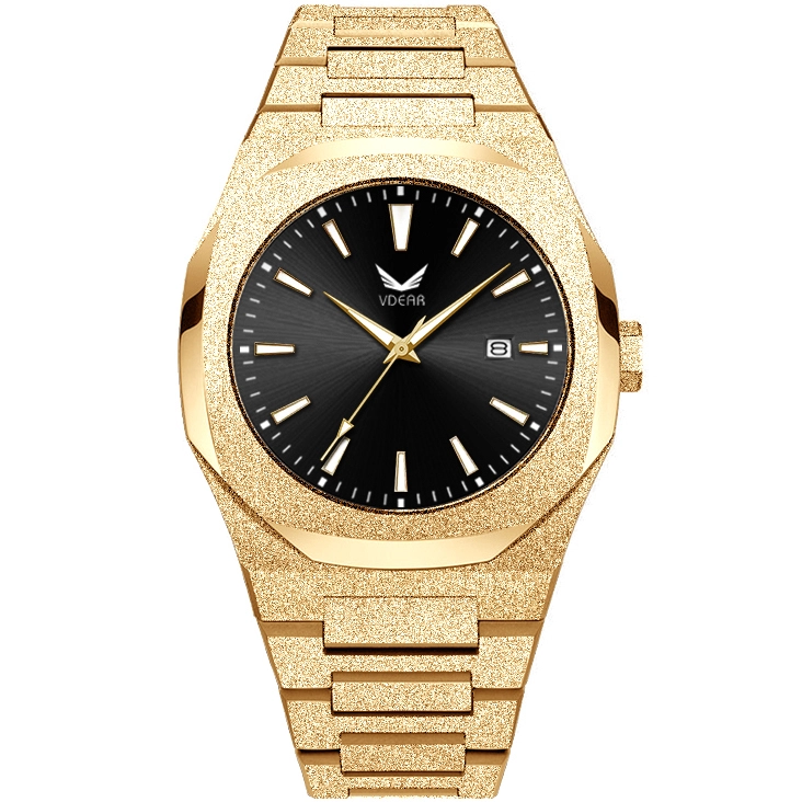 Reloj Vdear con manecillas luminosas esmeriladas, chapado en oro, esfera de marca propia, correa de acero inoxidable, reloj personalizado de marca para hombre. 1