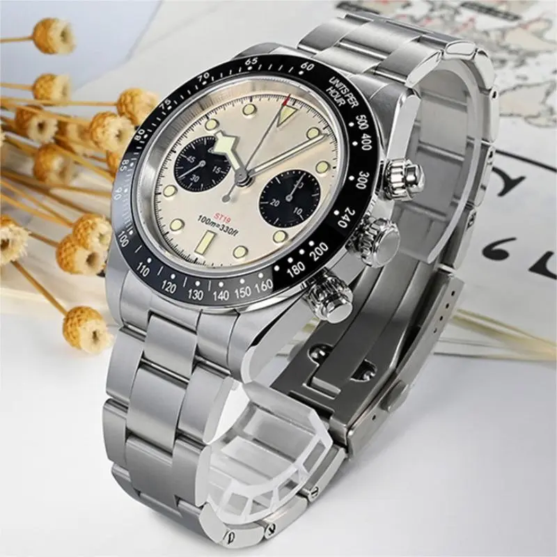 VDEAR Panda Eye Dial Black Bezel Chronograph Watch Silver Steel Strap Custom Logo Multifunction Watch Manufacturer 1