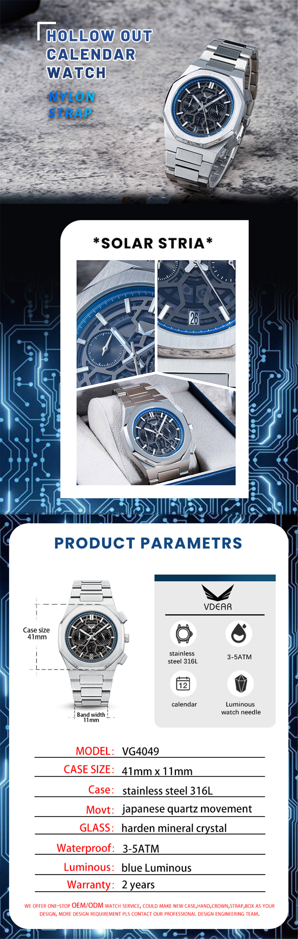 Vdear Hollow Out Dial Small Three Needle Watch Vintage Commerce High Quality Luminous Calendar Chronograph Watch 9