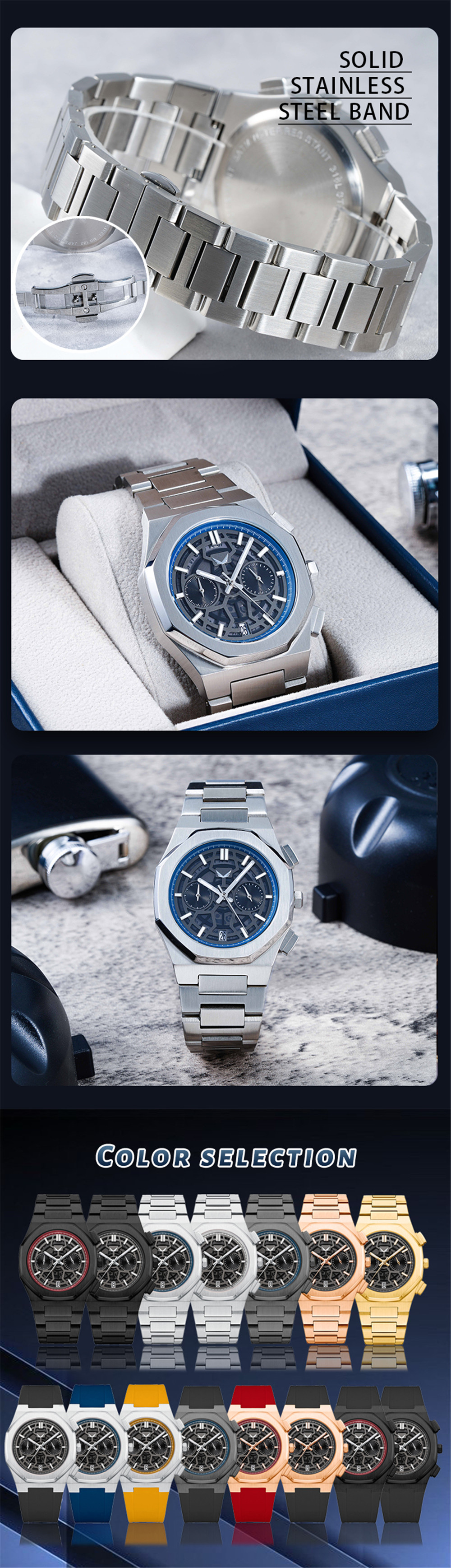 Vdear Hollow Out Dial Small Three Needle Watch Vintage Commerce High Quality Luminous Calendar Chronograph Watch 12