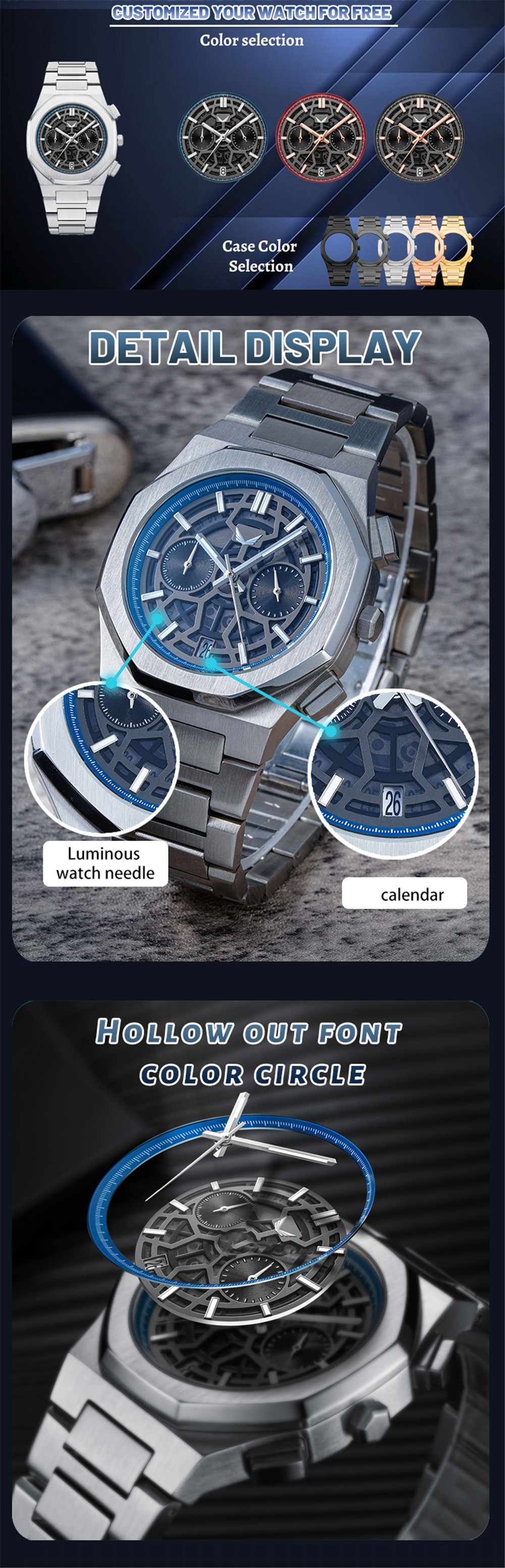 Vdear Hollow Out Dial Small Three Needle Watch Vintage Commerce High Quality Luminous Calendar Chronograph Watch 10