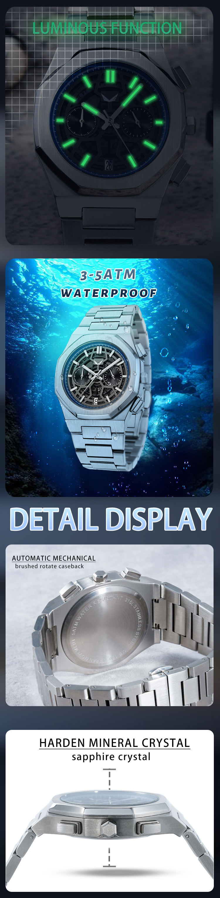 Vdear Hollow Out Dial Small Three Needle Watch Vintage Commerce High Quality Luminous Calendar Chronograph Watch 11