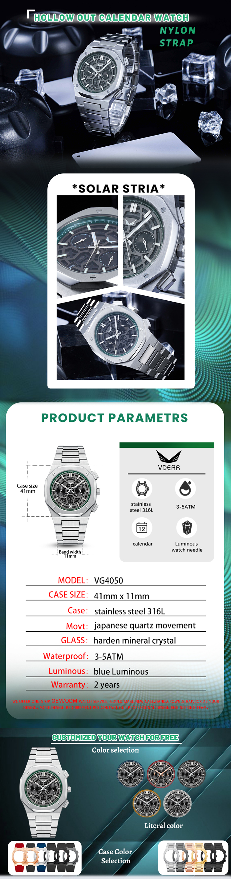 Vdear 40MM Three Eyes Dial Watches Customized China New Calendar High Quality Commerce Luminous Chronograph Watch 9