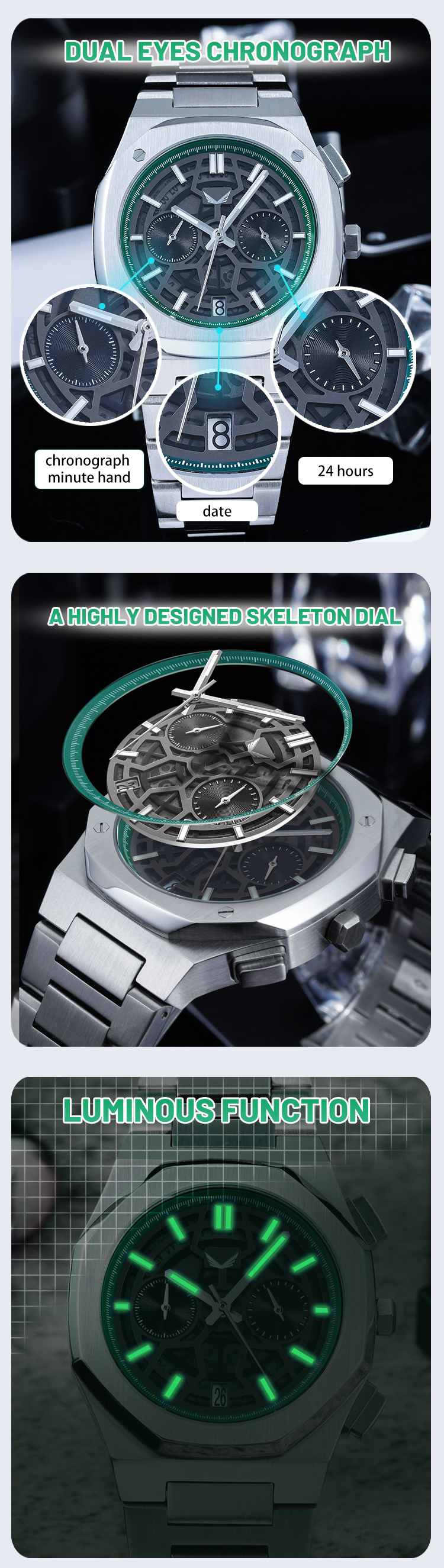 Vdear 40MM Three Eyes Dial Watches Customized China New Calendar High Quality Commerce Luminous Chronograph Watch 10