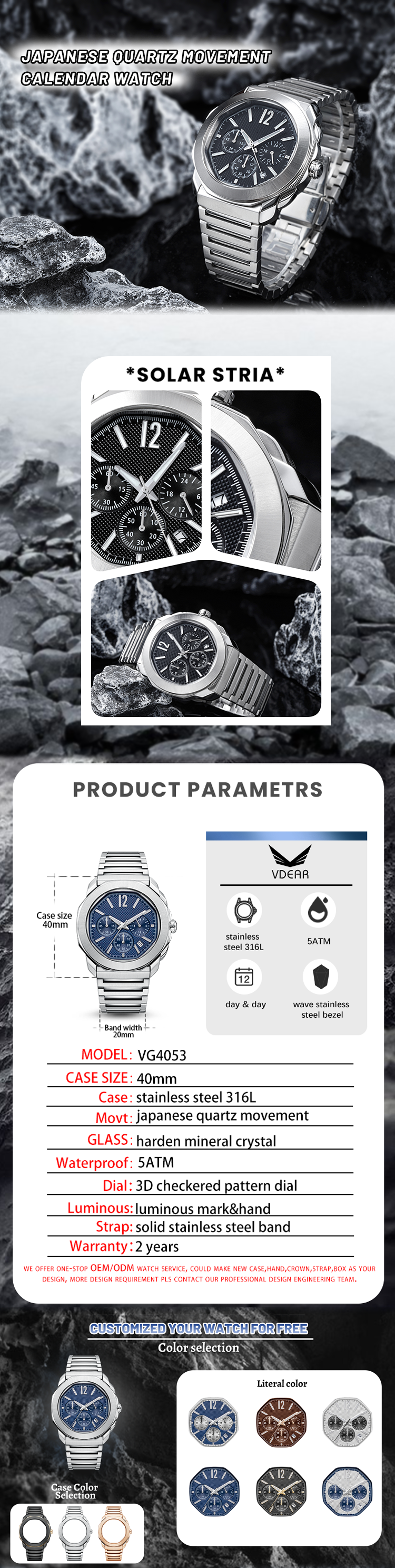 ساعة فيدير كوارتز بثلاثة عدادات قابلة للتخصيص، مزودة بتقويم، ساعة فاخرة مقاومة للماء، كرونوغراف 9