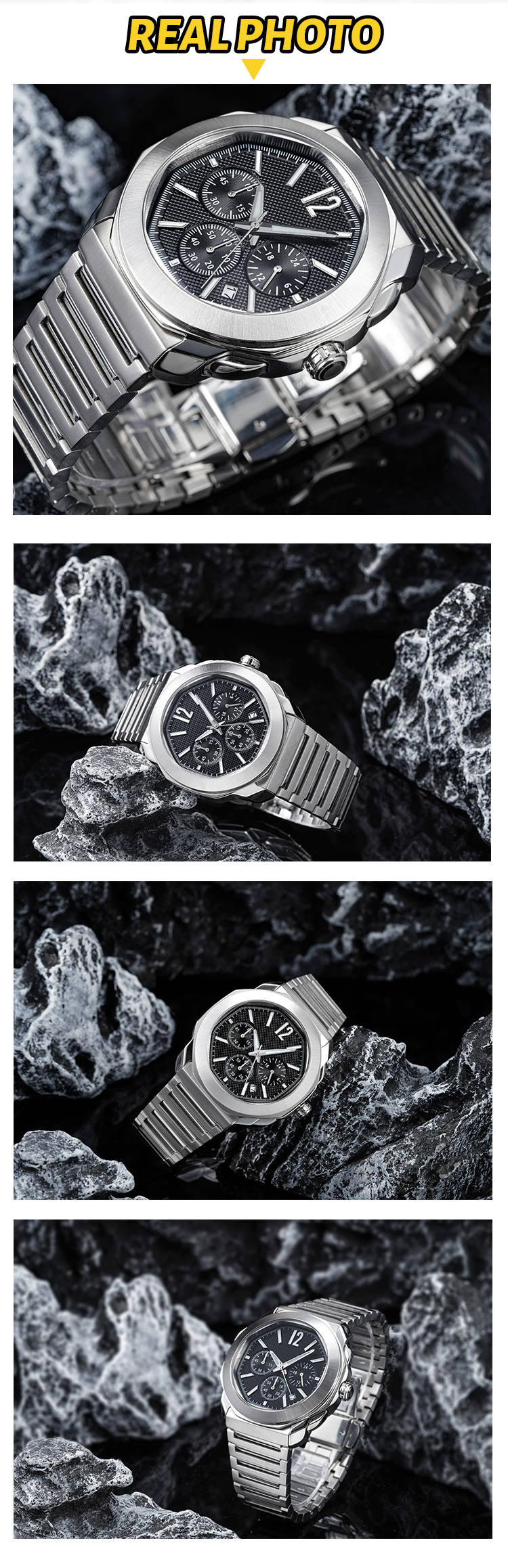 ساعة فيدير كوارتز بثلاثة عدادات قابلة للتخصيص، مزودة بتقويم، ساعة فاخرة مقاومة للماء، كرونوغراف 12