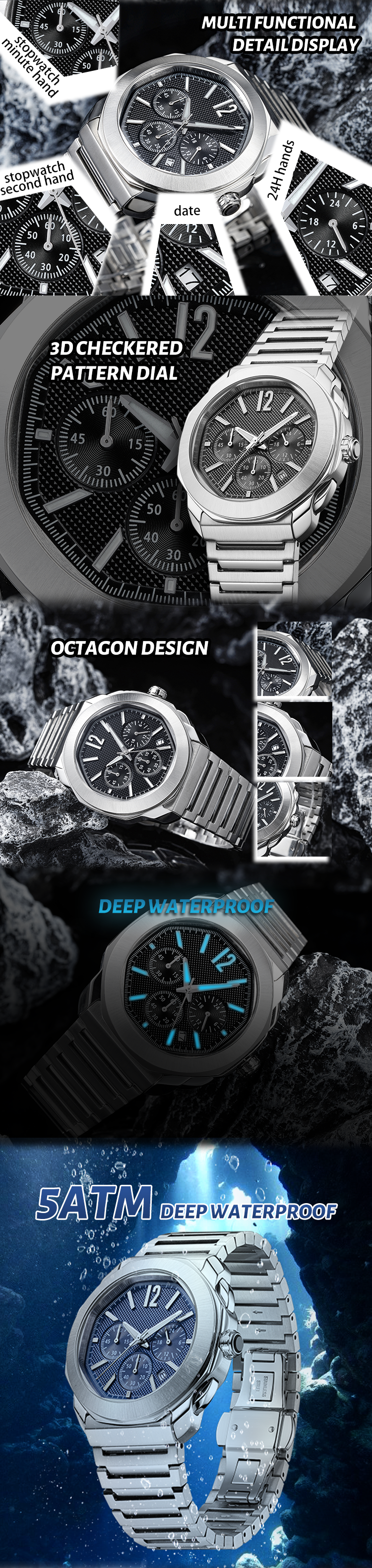 ساعة فيدير كوارتز بثلاثة عدادات قابلة للتخصيص، مزودة بتقويم، ساعة فاخرة مقاومة للماء، كرونوغراف 10