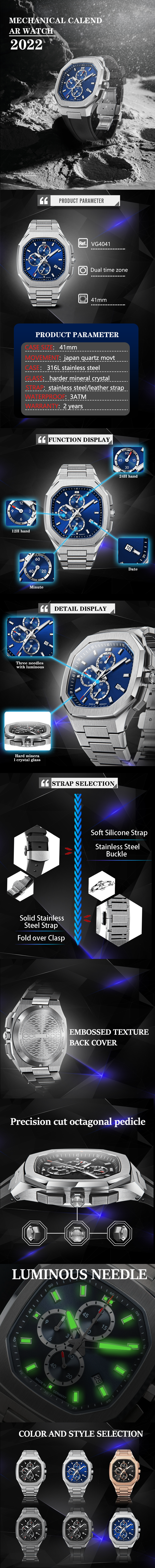 Vdear Herrenuhr mit quadratischem Gehäuse, silbernem Edelstahlarmband und drei Augen – Chronographen-Uhr, luxuriöse Business-Multifunktions-Quarzuhr 8