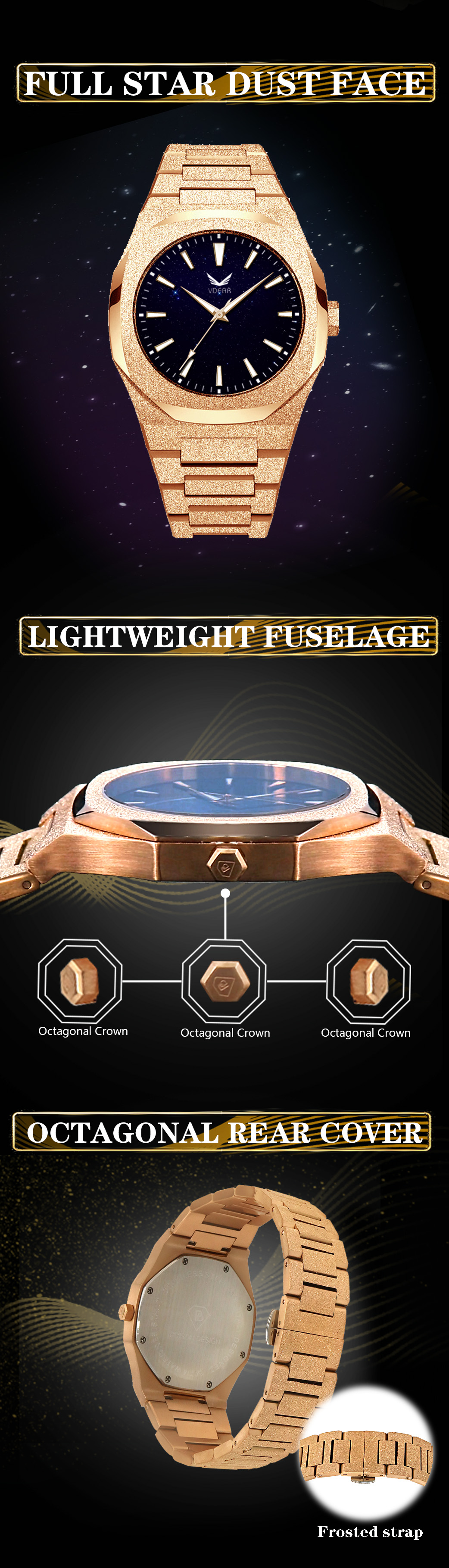 VDEAR - Luxury Design Full Star Dust Reloj Cuarzo Own Brand Frosted Watch Wrist Luxury Men Quartz Movement 50MOQ Custom Watch 11