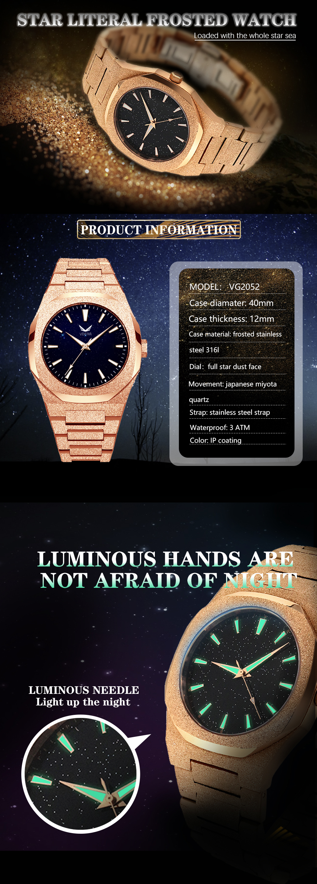 VDEAR - Luxury Design Full Star Dust Reloj Cuarzo Own Brand Frosted Watch Wrist Luxury Men Quartz Movement 50MOQ Custom Watch 10