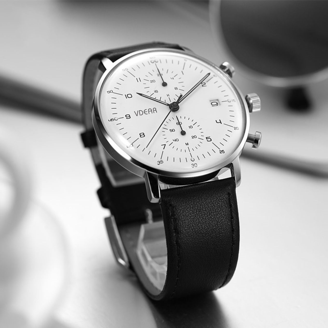 VDEAR - Hoogwaardige, eigen merk lederen chronograaf herenhorloges, luxe polshorloge met custom logo. Chronograafhorloge 14