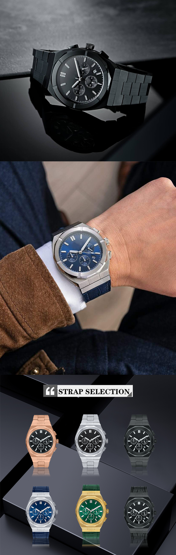 VDEAR - Leather Strap Own Customize Watches Mens Chronograph Stainless Steel Watch Quartz Chronograph Watch 12