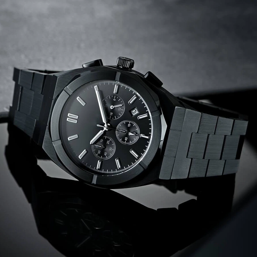 VDEAR - Orologio cronografo al quarzo da uomo personalizzato con catena nera, movimento giapponese, orologio cronografo in acciaio inossidabile 1