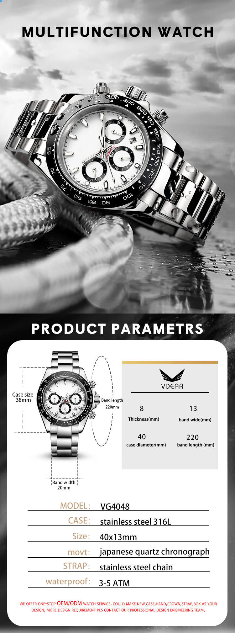 Vdear Chronograph Three Eye Dial Watches Fashionable Simple Luminous Hands With Date Quartz Luxury Wristwatch 8