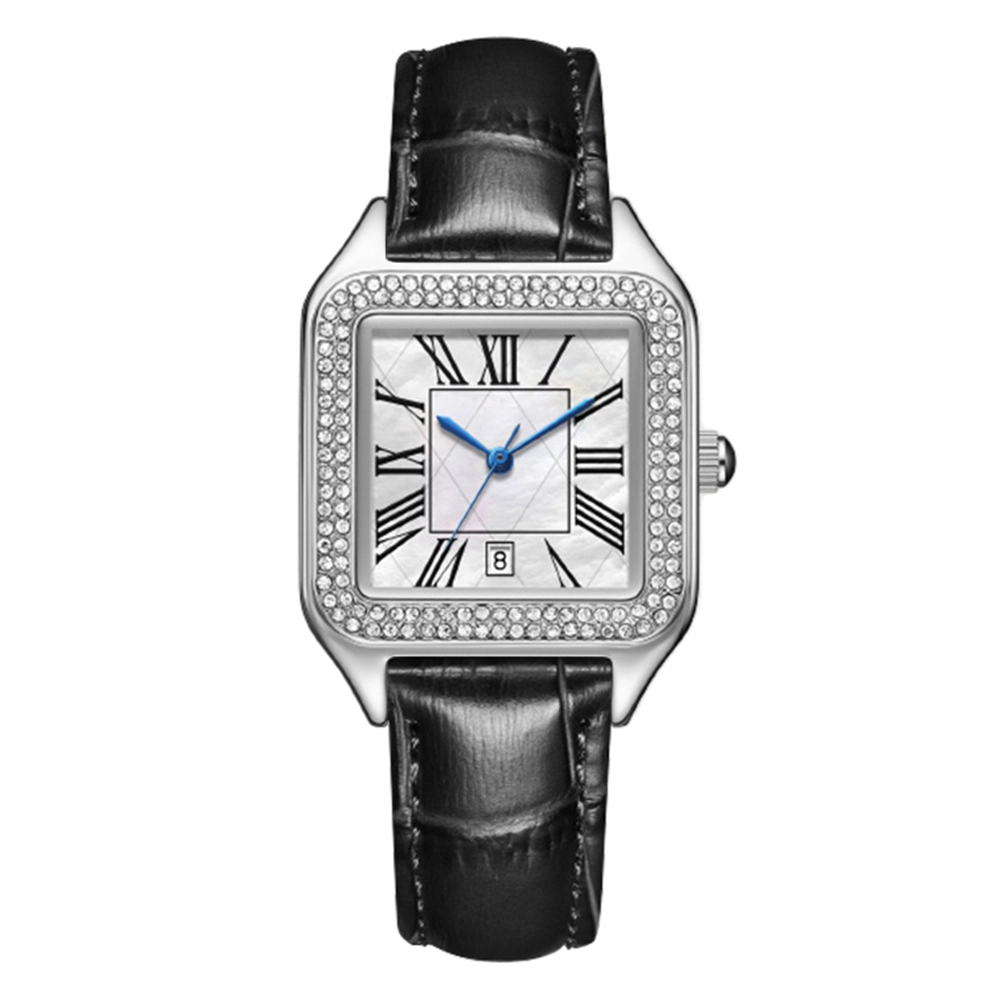 Vdear Roman Numeral Shell Dial With Calendar Women Watch Leather Strap Minimal Crystal Square Quartz Watch 1